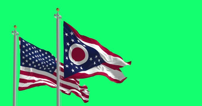 Seamless loop in slow motion of the Ohio and US flags waving isolated on a green screen