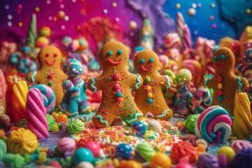 Illustration of a colourful whimsical candy land with gingerbread people created with Generative AI technology