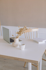 Modern room with laptop, books, dried natural bunny tail grass in vase on white table. Copy space. 