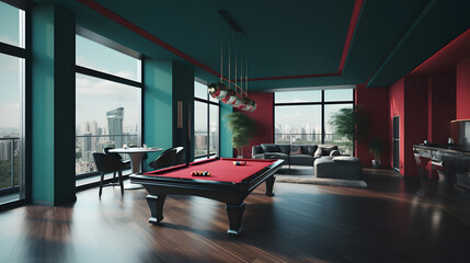 internal design with pool table in a amazing penthouse living room, 3d render, generative ai