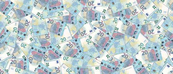 Financial illustration. Wide seamless pattern. Randomly scattered banknotes of the European Union, denomination of 20 euros. Obverse and reverse bills. - obrazy, fototapety, plakaty