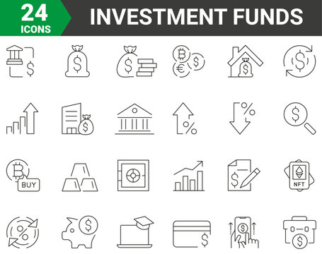 set of 24 vector line icons Investment funds. Credit rating. Contains such Icons as Courier on like Interest Rate, Interest Chart and more. Editable stroke