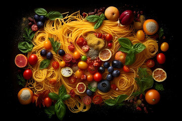 Spaghetti with many ingredients. Generative AI