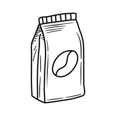 Paper bag full of coffee, vector isolated line art, linear illustration of craft coffee packaging. 