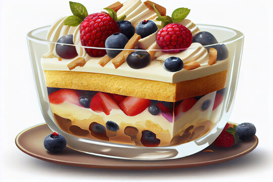 Layered dessert parfait with sweet bread and berries. Generative Ai
