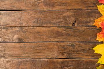 Colourful autumn leaves on rustic wooden table. Top view