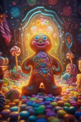 Fototapeta na wymiar Illustration of a colourful whimsical candy land with a gingerbread house and gingerbread man created with Generative AI technology