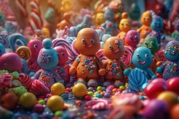 Fototapeta na wymiar Illustration of a colourful whimsical candy land with gingerbread people created with Generative AI technology