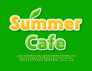 Vector artistic poster Summer Cafe. Yellow glossy Font. Modern Alphabet Letters and Numbers