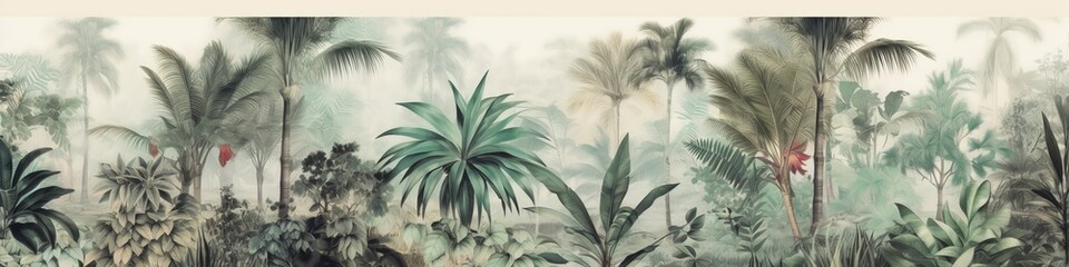 Tropical plants and palm trees, for texture background photo wallpaper or banner. Wallpaper pattern painted in watercolour. Generative AI illustration	
