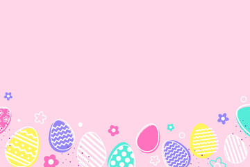 Colourful Easter eggs and flowers on pink background. Modern design. Vector illustration