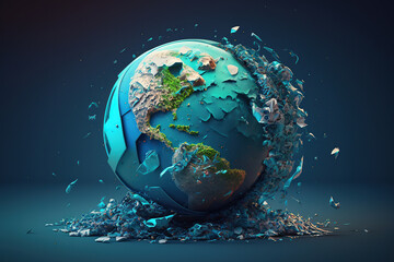Naklejka premium Planet Earth splashing garbage on black background, Polluted concept of ecology and the World Cleanup Day, Space debris, AI Generative.