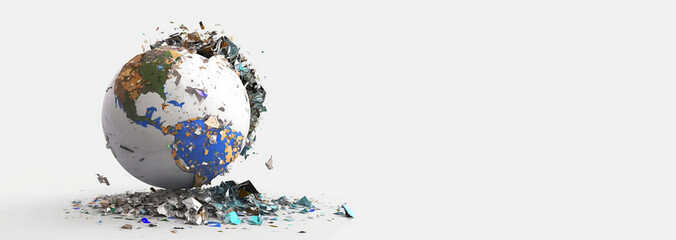 Banner Planet Earth splashing garbage on white background, Polluted  concept of ecology and the World Cleanup Day,  Space debris, AI Generative.