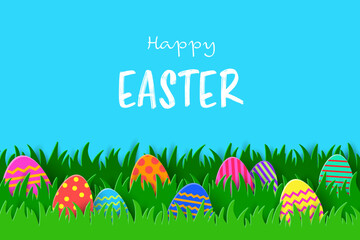 Happy Easter. Paper cut greeting card with coloured eggs hidden in the grass. Vector illustration
