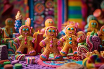 Fototapeta na wymiar Photo of a vibrant assortment of colourful ginger bread people up close created with Generative AI technology