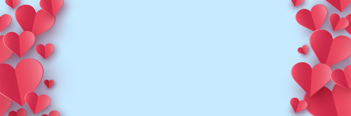 Valentine’s hearts flying on blue background. Paper cut decorations. Symbols of love. Banner. Vector illustration