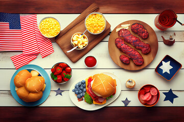 Obraz na płótnie Canvas Table with food for USA 4th July Independence Day. Generative Ai