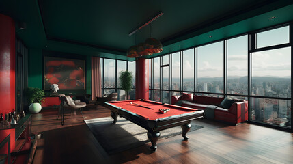 internal design with pool table in a amazing penthouse living room, 3d render, generative ai	