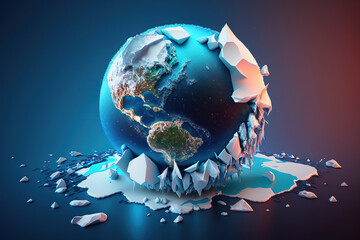 Planet Earth like a glacier melting on blue background climate change, Global warming, AI Generative.