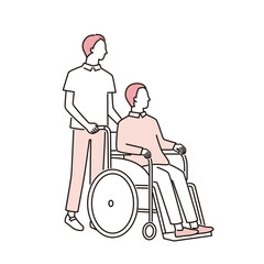 車椅子に乗る男性と介助する介護福祉士