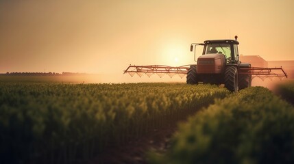 Obraz premium Tractor Spraying Pesticides on Green Soybean Plantation at Sunset. Generative AI