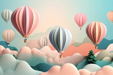 Papier Peint photo Lavable Montgolfière Hot balloons flying above the clouds in paper style, created with Generative AI