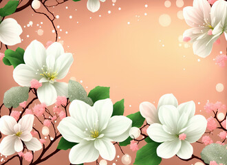 Fresh branch of flowers on a light pastel background. Empty space for text.