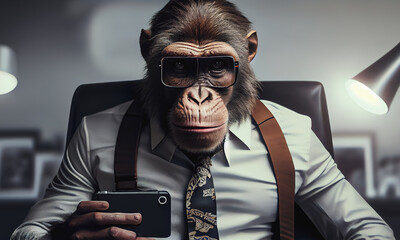bussines monkey in his office with mobile phone in hand. Generative ia