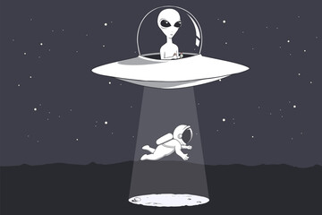 an alien on a flying saucer abducts an astronaut - 588707061