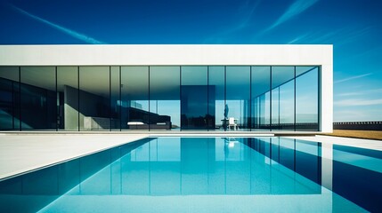 Obraz premium Modern house architecture with glass walls and swimming pool. Generative AI