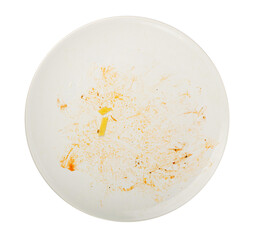Dirty Plate Isolated, Empty Bowl after Dinner, Finished Lunch, Oil and Smeared Sauce on White Plate