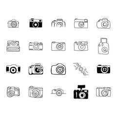 Photo camera doodle set. Collection of hand drawn various photo camera equipment for photographers work isolated on white background