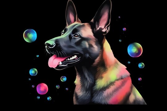 A Splash of Color: Malinois with Bubbles - Watercolor style portrait painting of a Belgian Shepherd