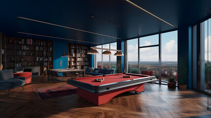 internal design with pool table in a amazing penthouse living room, 3d render, generative ai	