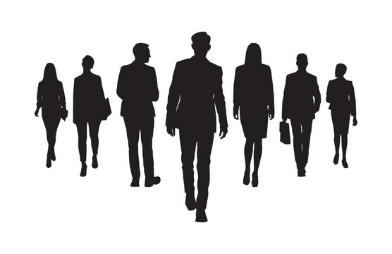 Business people walking together with confident front view vector silhouette. Business team walking toward camera black silhouette.