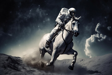 Cosmonaut or astronaut on a horse on the moon walking in space. Funny concept for astronomy and exploration. Ai generated