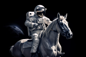 Fototapeta na wymiar Cosmonaut or astronaut on a horse on the moon walking in space. Funny concept for astronomy and exploration. Ai generated