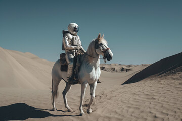 Cosmonaut or astronaut on a horse on the moon walking in space. Funny concept for astronomy and exploration. Ai generated