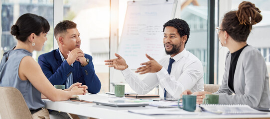 Black man, business and leader with staff, meeting and planning for profit growth, financial group...