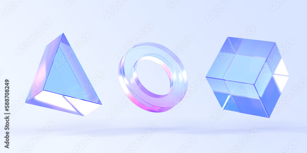 Poster glass triangle, ring and cube box, 3d render icons set. abstract geometric shapes with holographic g