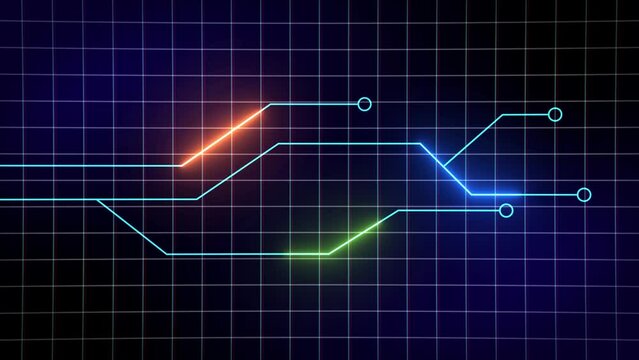 Multicolored Neon Lines Moving On Grid Background. NFT Meta Verse Concept. Hi-tech 4K Animation.