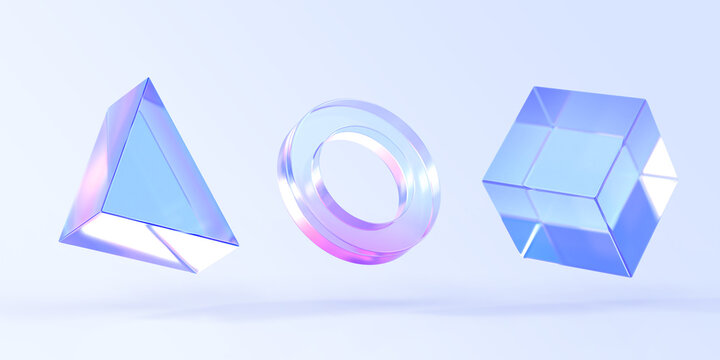 Glass triangle, ring and cube box, 3d render icons set. Abstract geometric shapes with holographic gradient texture, crystal rainbow objects, graphic elements isolated on background. 3D illustration