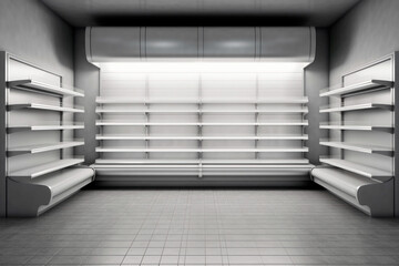 Open refrigerator with empty clean shelves for product display, Generative AI