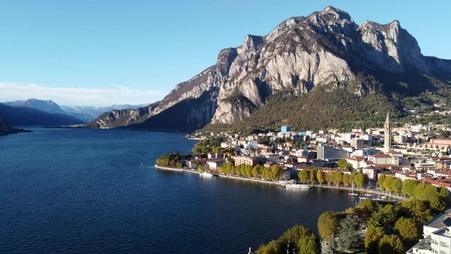 Skyline of Lecco with mountains in the background. Italy.