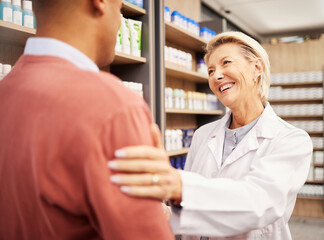 Man shopping, support or happy pharmacist in pharmacy for retail healthcare information with smile...