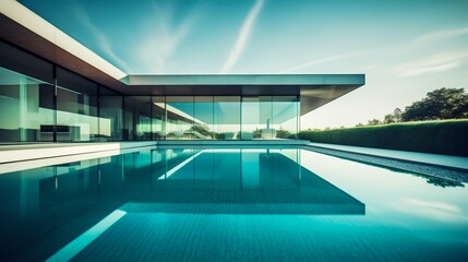 Obraz premium Modern house architecture with glass walls and swimming pool. Generative AI