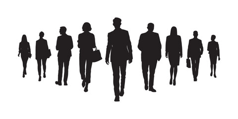 Business people walking together with confident front view vector silhouette. Group of business team walking toward camera silhouette.