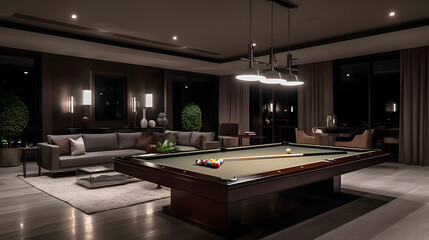 internal design with pool table in a amazing penthouse living room, 3d render, generative ai	