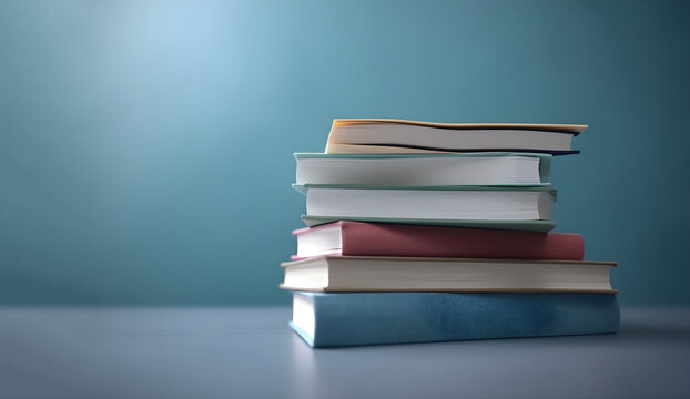 Stack of colorful books isolated on blue background. Back to school and education learning concept. Generative AI