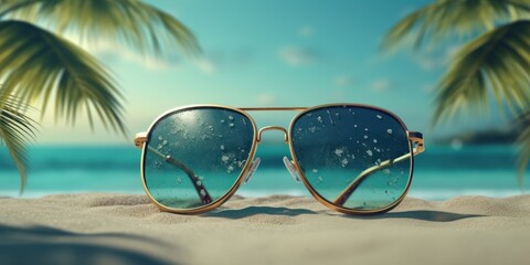 Fototapeta na wymiar Sunglasses on a tropical beach and sea, Summer festive background. Generative AI